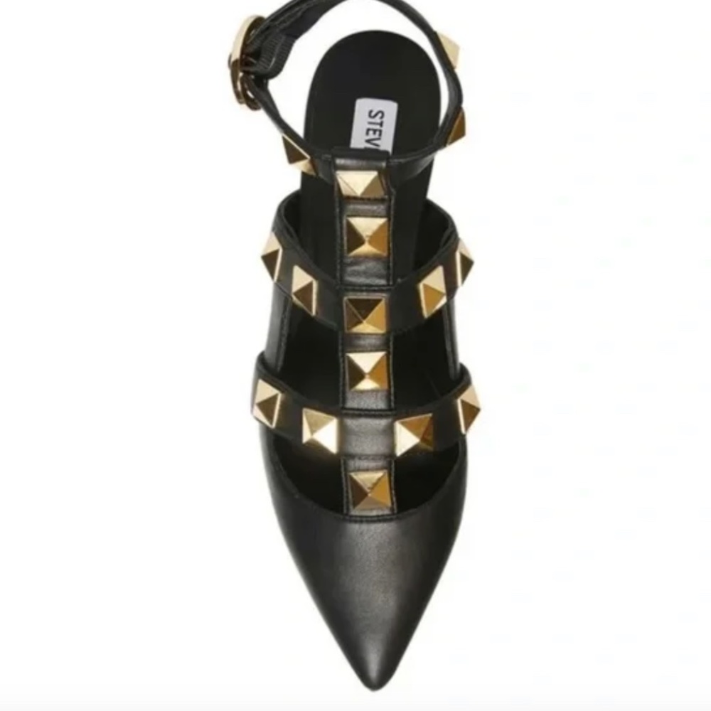 Steve Madden Black Gold Florencia Pointy Studded Strappy Flat Sandal Sz 8.5M